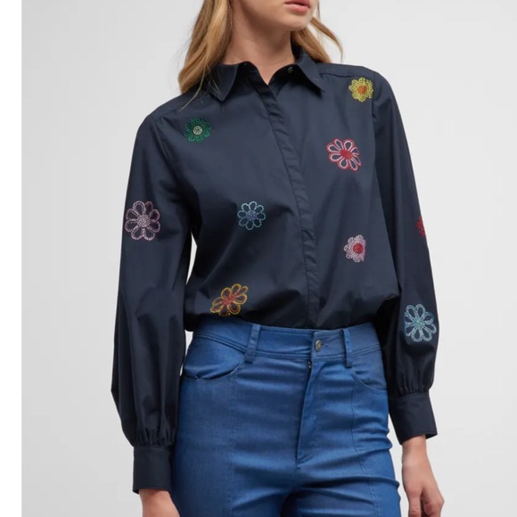 CINQ A SEPT kandice heatset daisy embroidered poplin top - Picture 1 of 4